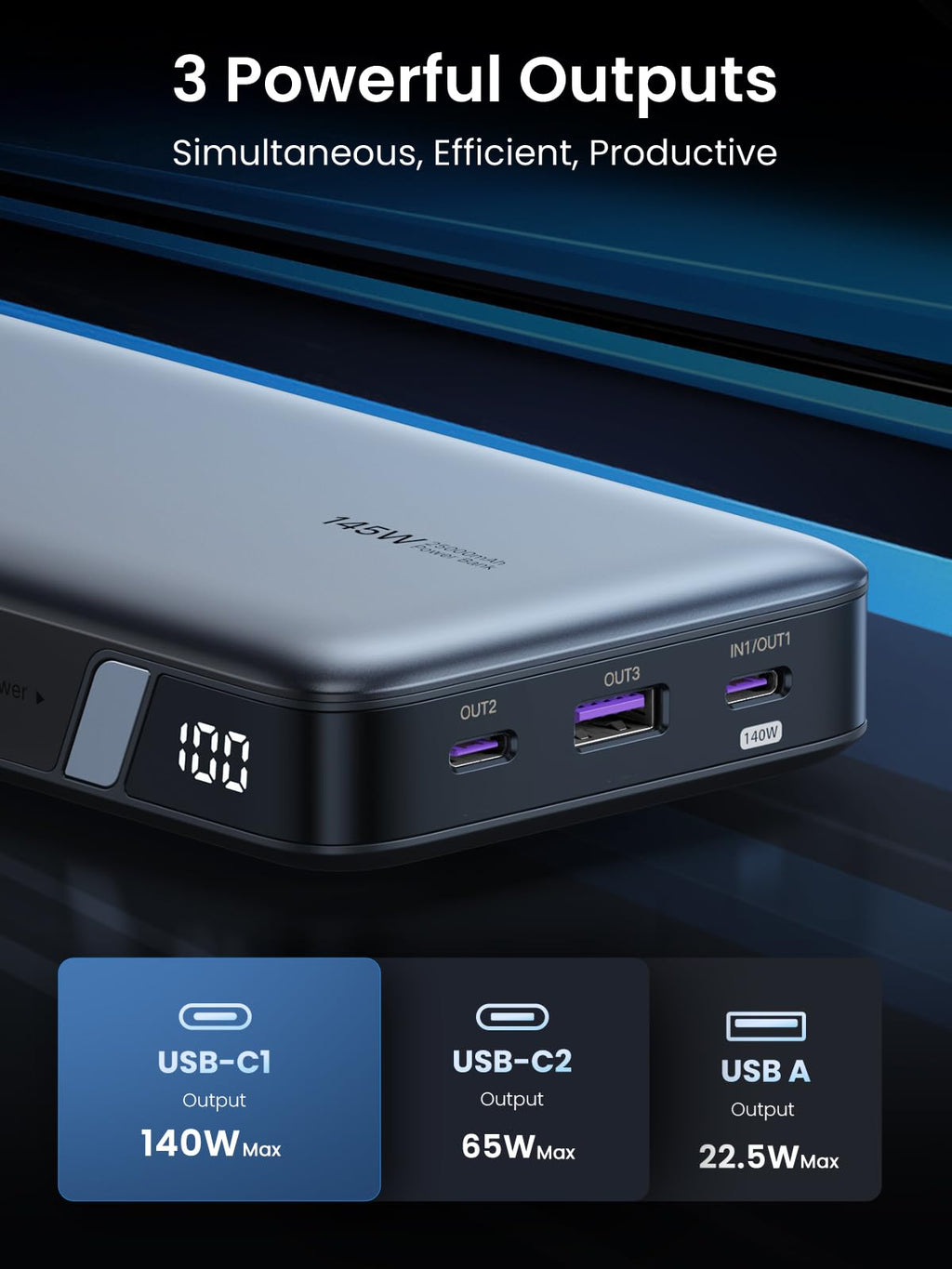 (Bundle) 145W Power Bank + 3.3FT 100W USB-C Cable 2 Pack