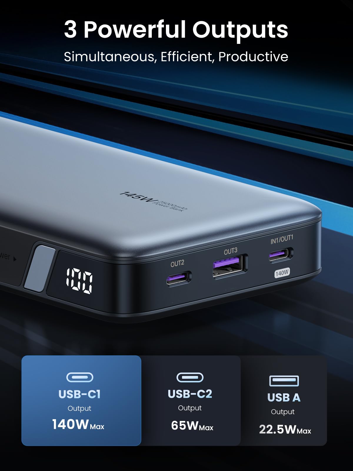 (Bundle) 145W Power Bank + 3.3FT 100W USB-C Cable 2 Pack