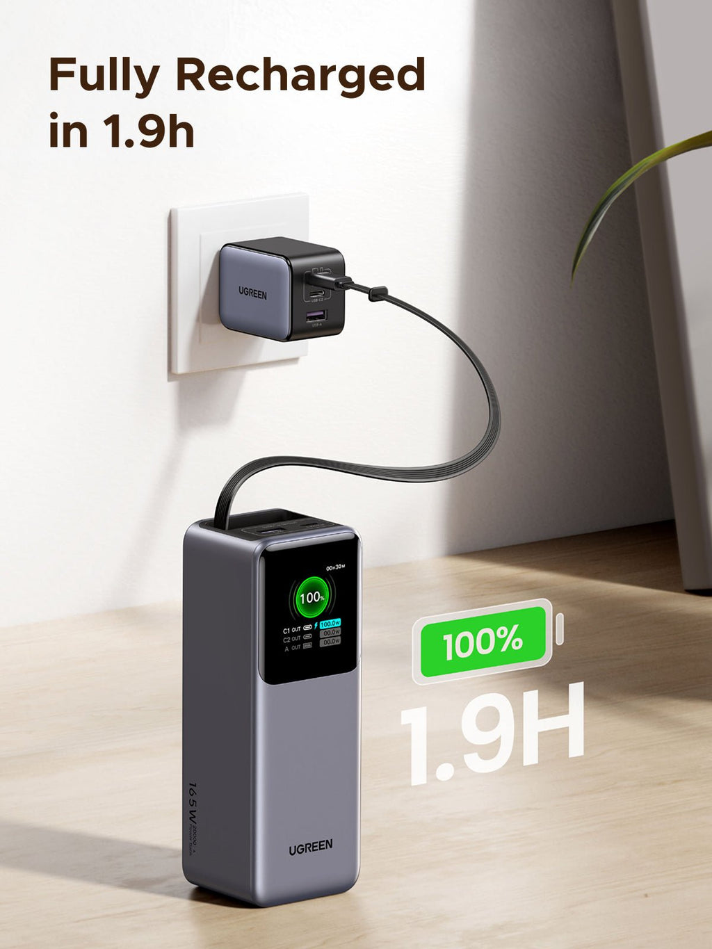 (Bundle) UGREEN Nexode 20000mAh 165W Power Bank + 100W Retractable USB-C Cable